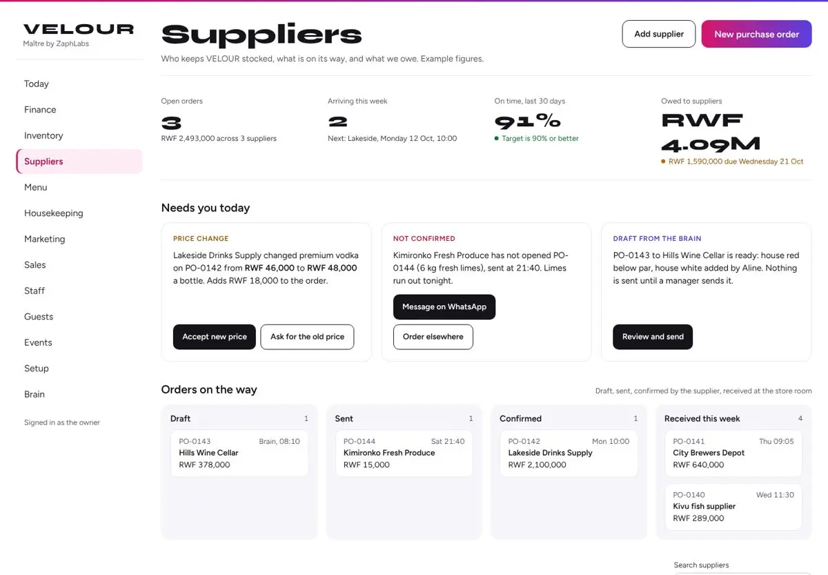 Suppliers screen